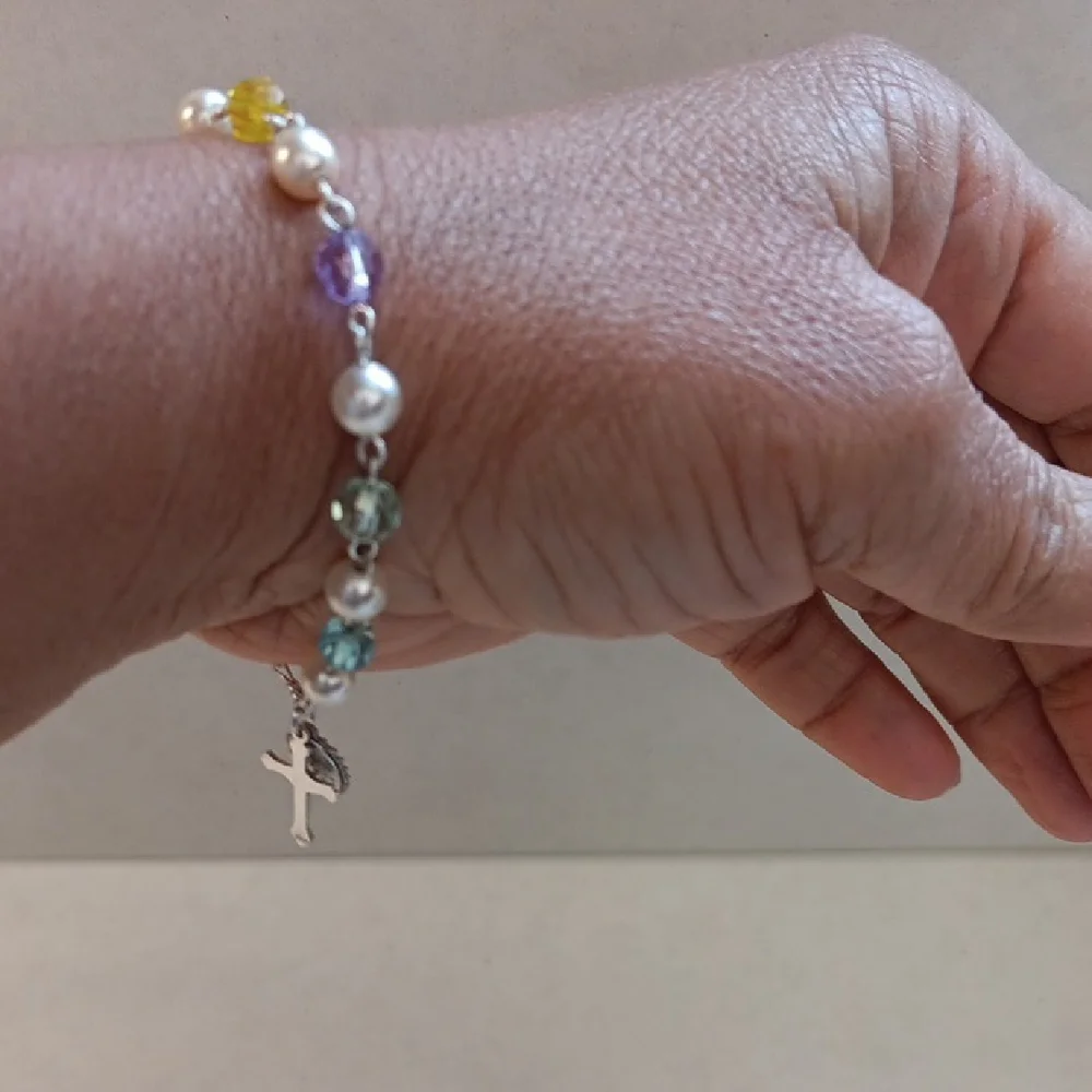 Genuine TINCUT Multi-color Crystal and Faux Pearl Rosary Silver Tone Bracelet